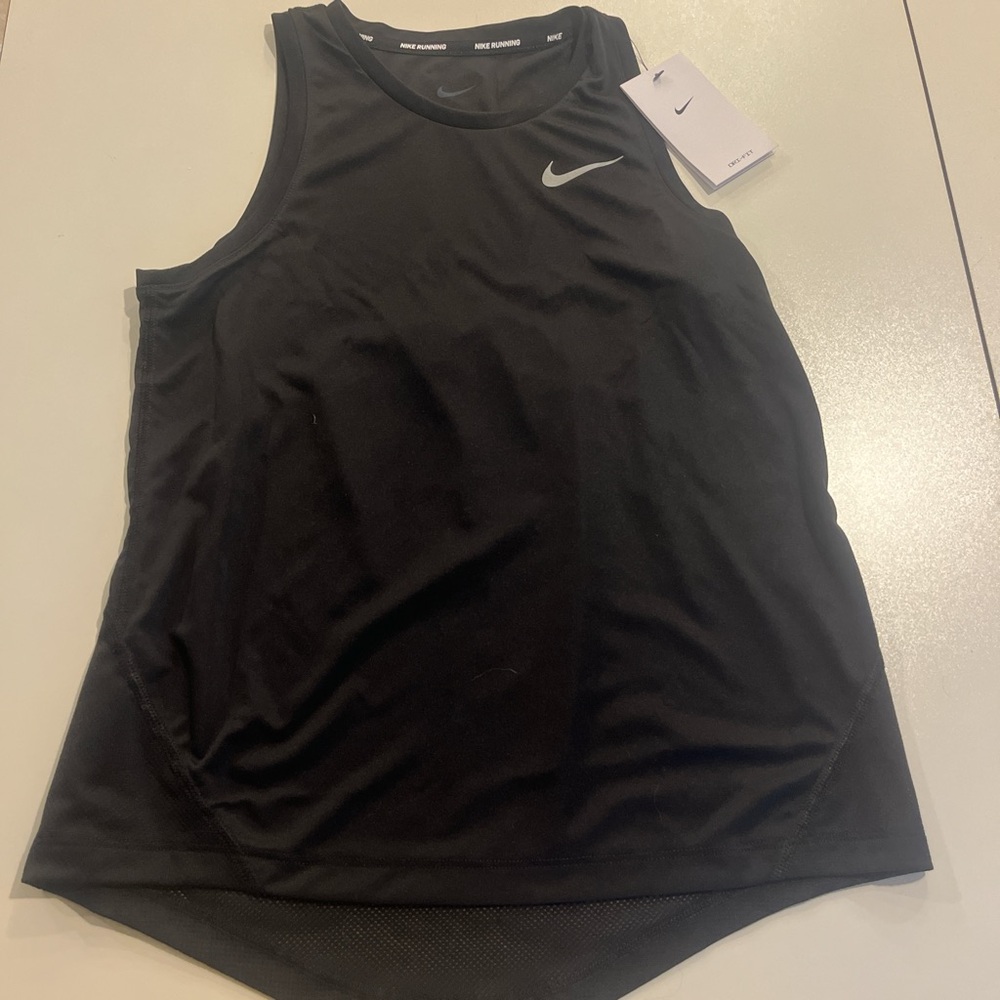 Nike Black Tank Top with Gray Logo and Drop-Tail Hem